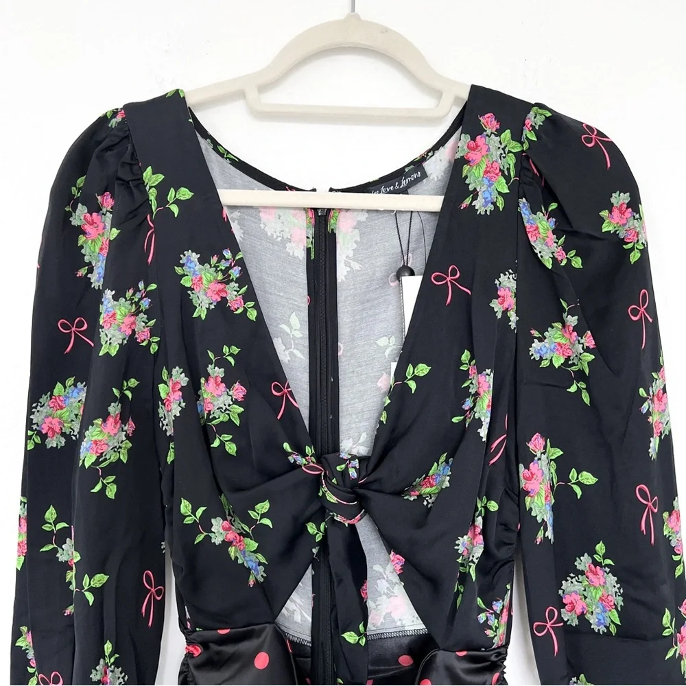 NWT For Love & Lemons Wilson Print Ruched Midi Dress in Polka Dots & Floral - Picture 7 of 10